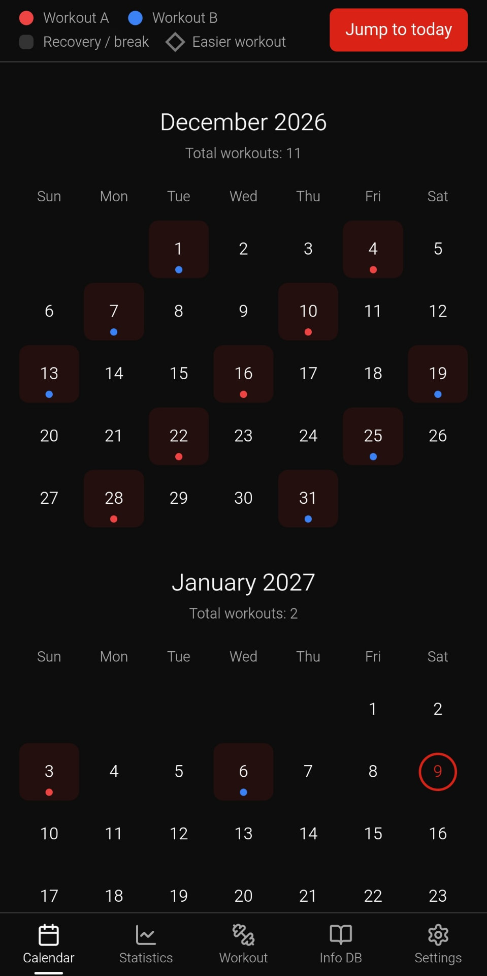 STR mobile app workout calendar